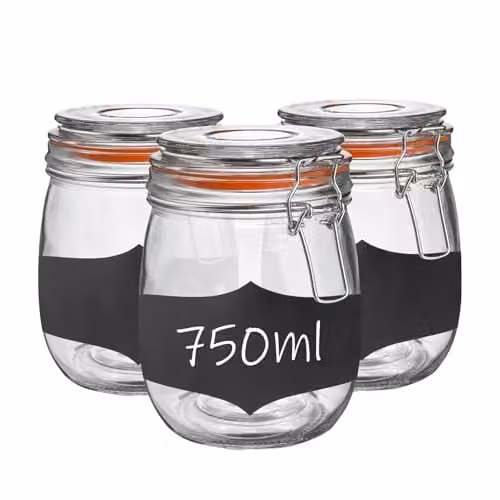 Argon Tableware Set of 3 Glass Storage Jars with Airtight Clip Lids and Labels, 0.75 l, Transparent and Orange