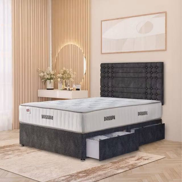Somnior Beds Ltd Saville Grey Fabric Divan Bed Set with 32 inch Headboard and Drawers W/D/H: 180 x 200 cm