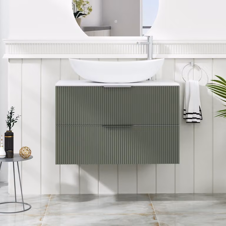 Royal Bathrooms Evora 800mm Sage Green Fluted Wall Hung 2 Drawer Vanity Unit with Cesar Basin