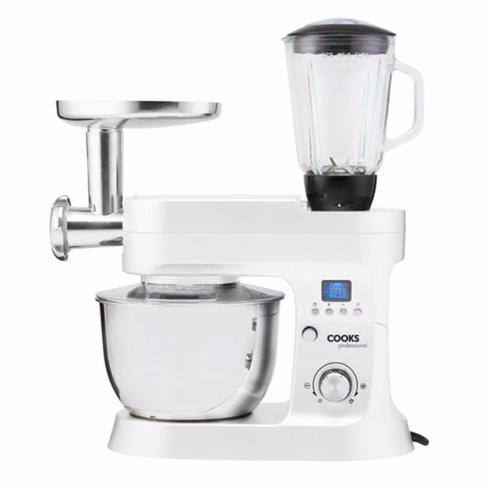 Cooks Professional Multifunction 1200W Stand Mixer with Mincer and Blender, 6.2L Stainless Steel Mixing Bowl, White – 2
