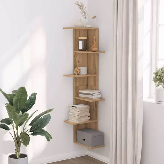 Berkfield Home Artisan Oak Wall Corner Shelf, Brown, W/D/H: 36.5 x 36.5 x 140 cm