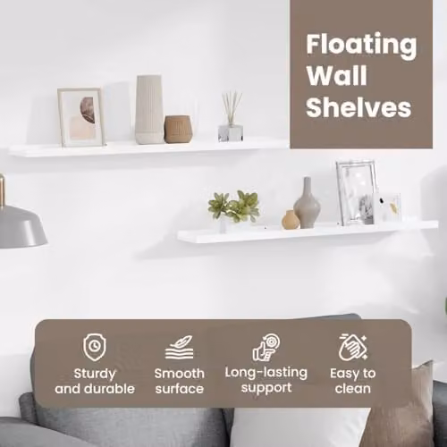 vidaXL Set of 2 White MDF Picture Frame Ledge Shelves, W: 80 cm, D: 9 cm, H: 3 cm – 2
