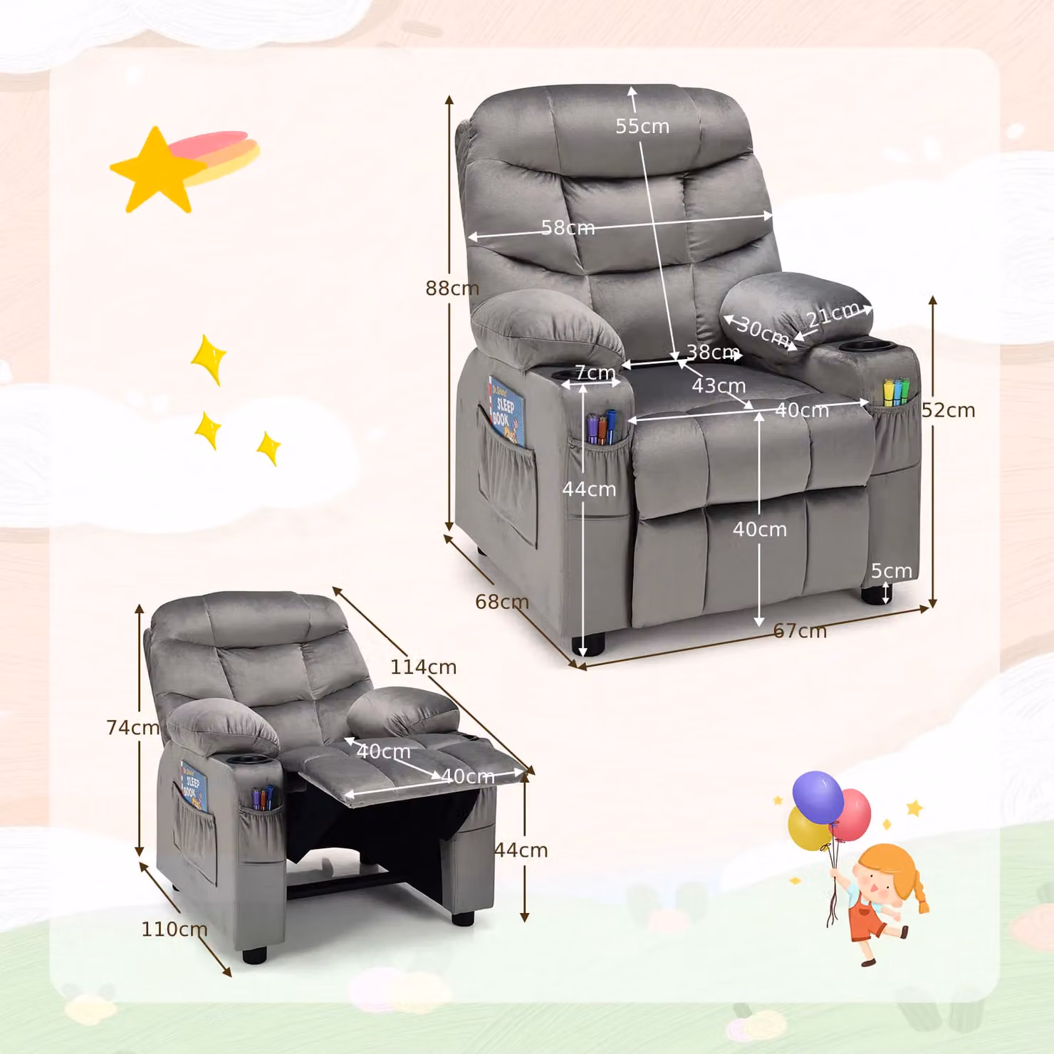 Costway Grey Velvet Fabric Recliner Chair with Adjustable Back and Armrests – 2