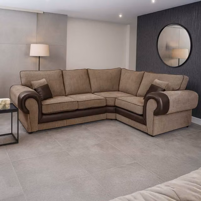 Furnishings For Less UK Portland 4 Seater L Shaped Corner Sofa in Beige Fabric and Synthetic Leather, Right Hand Facing – 1