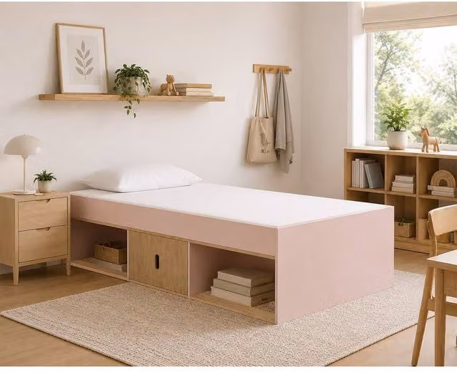 Kidsaw Low Single 3ft Cabin Bed in Pink and Oak with Side Compartments and House Frame, W/D/H: 90 x 190 cm