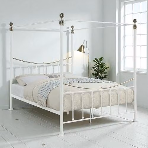 OAT Home Marylebone Traditional Victorian Style Four Poster Metal Bed Frame, White, W/D/H: 140 x 200 x 151 cm – 1