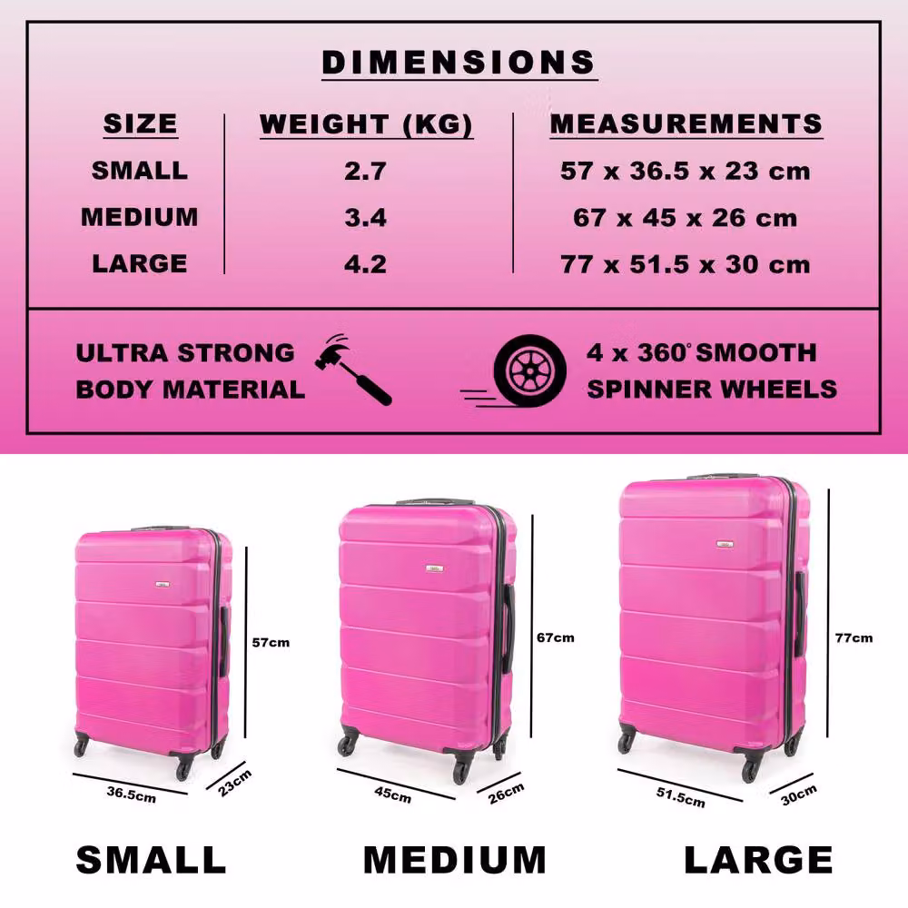 A2B Exodus 3-Piece Hard Sided Suitcase Set in Bright Pink with 4 Wheels – 2