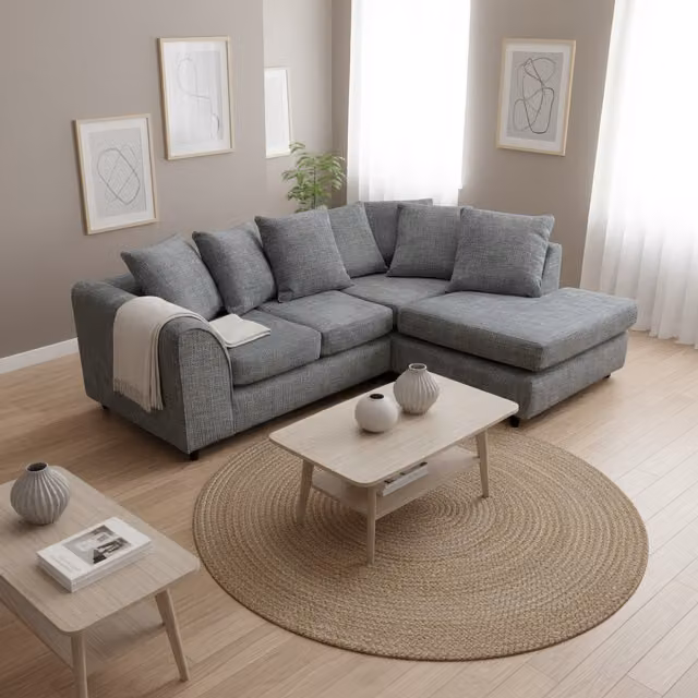 Abakus Direct Jumbo L-Shape Corner Sofa in Dark Grey Soft Chenille with Right-Hand Chaise and Scatter Cushions