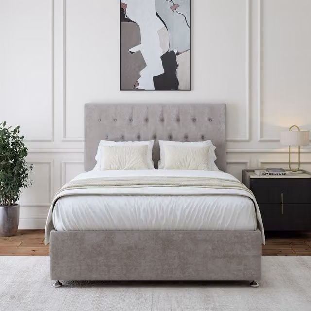 Bedmaster Luxury Velvet 2 Drawer Divan Base and Button Headboard in Light Grey, W/D/H: 120 x 200 cm