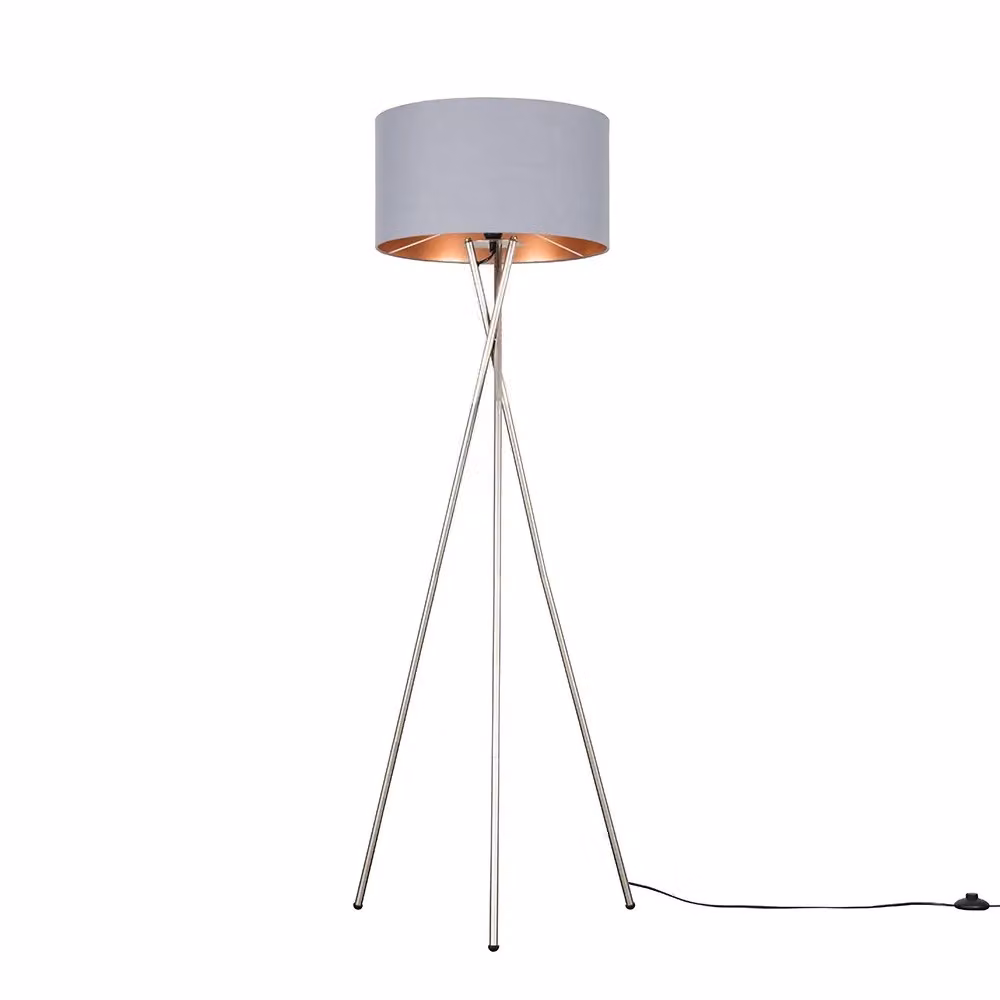 ValueLights Camden Modern Brushed Chrome Metal Tripod Floor Lamp with Grey and Copper Fabric Cylinder Shade – 2