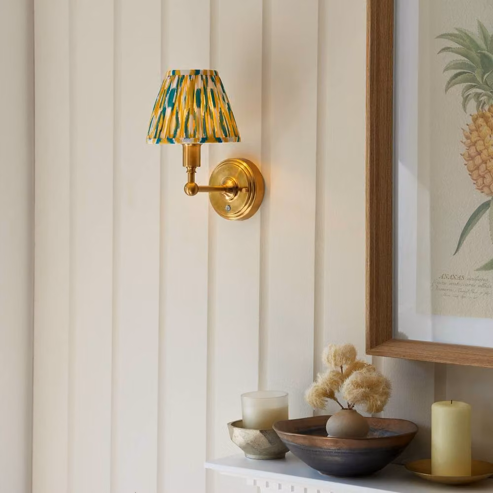 Netlighting Burley Rechargeable Yellow Wall Light with Jade Fabric Ikat Shade and Brass Finish, Diameter: 16 cm – 2