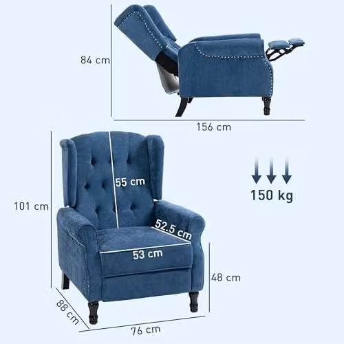 HOMCOM Vintage Manual Reclining Armchair with Integrated Footrest in Blue – 3