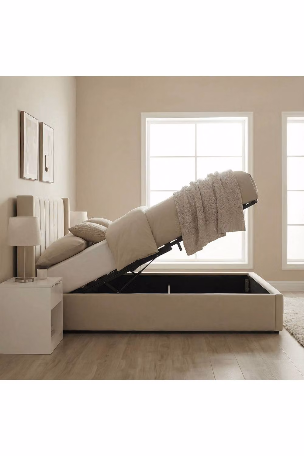 Home Source Ottoman Storage Bed in Cream Boucle Fabric, W/D/H: 180 x 200 cm – 2