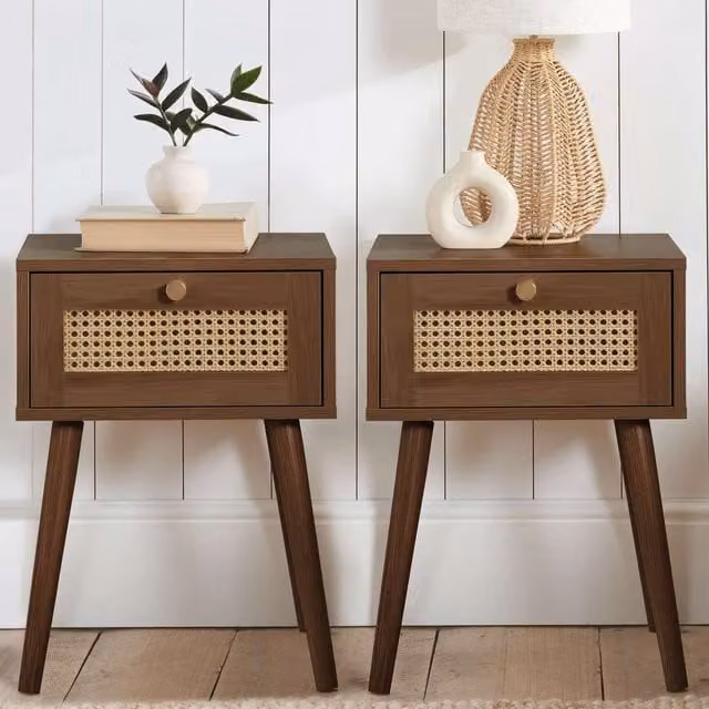 Croxley Pair of Mid-Century Walnut Bedside Tables with One Drawer Each and Rattan Details