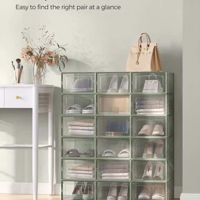 SONGMICS Stackable Transparent Shoe Storage Boxes, Green, W: 33.3 cm, D: 14 cm, H: 14 cm