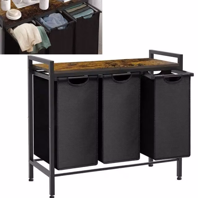 FORGEVIO 3 Compartment Fabric Laundry Basket in Black – 1