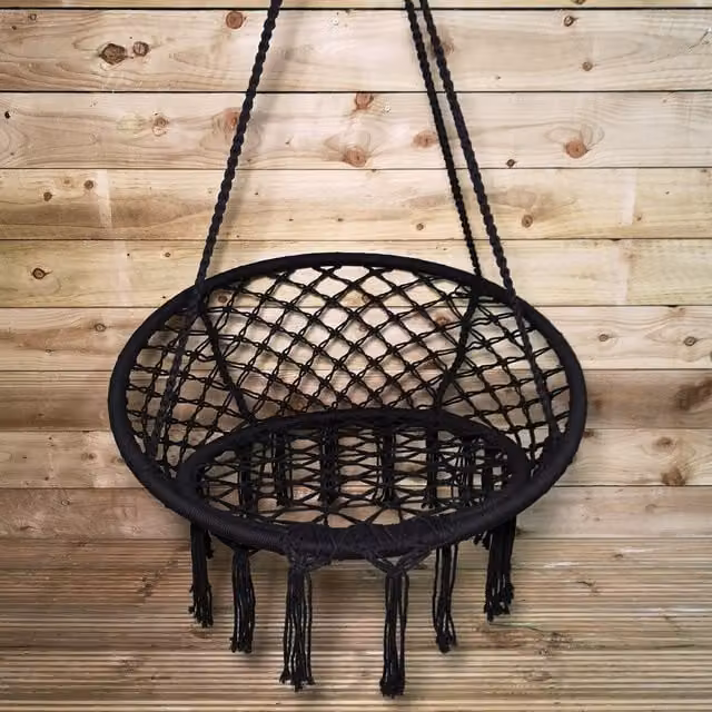 Samuel Alexander Black Boho Geometric Macrame Hammock Swing with Cotton and Steel Frame