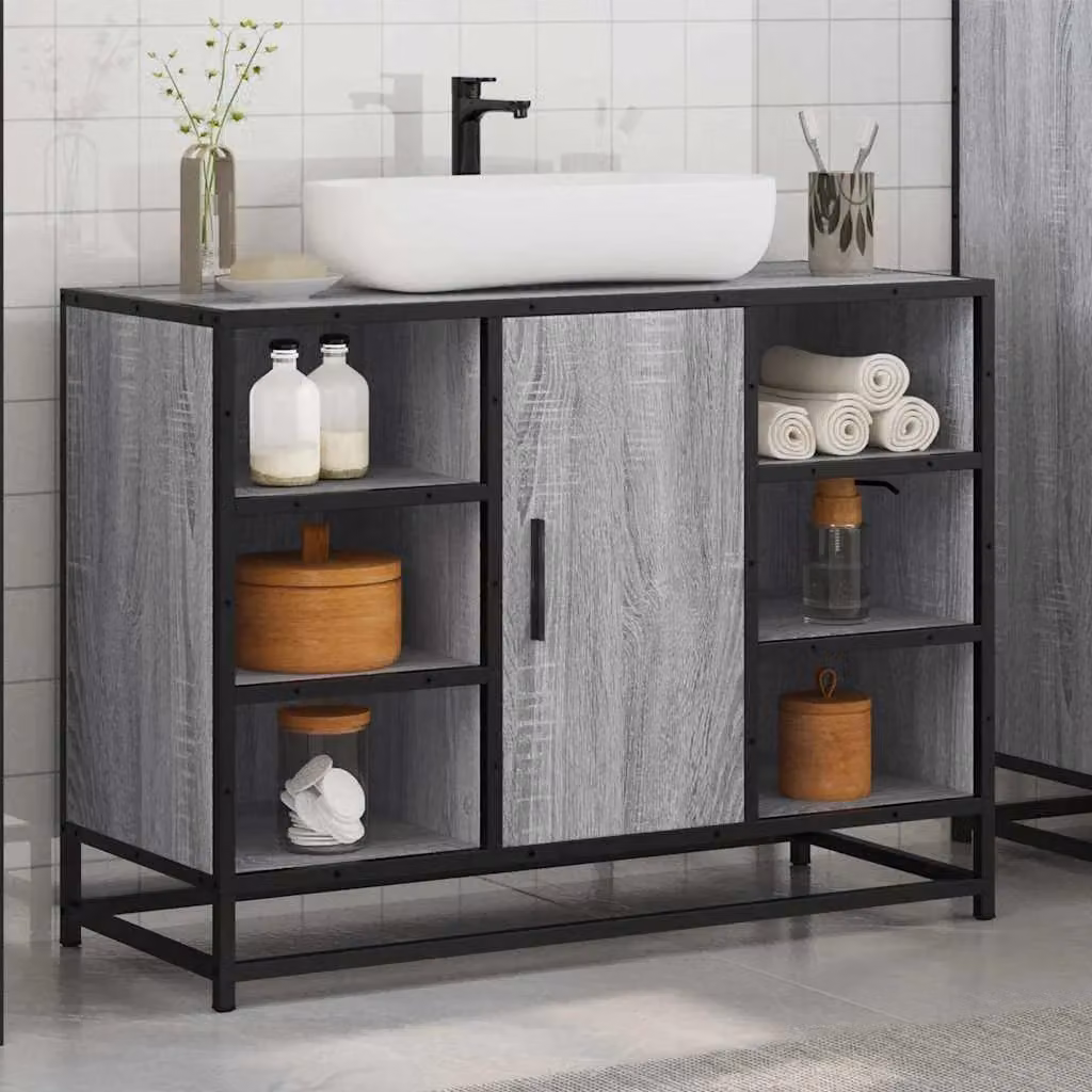 Berkfield Home Grey Sonoma Bathroom Sink Cabinet with Hinged Doors and Open Shelf, W/D/H: 80 x 33 x 60 cm – 3