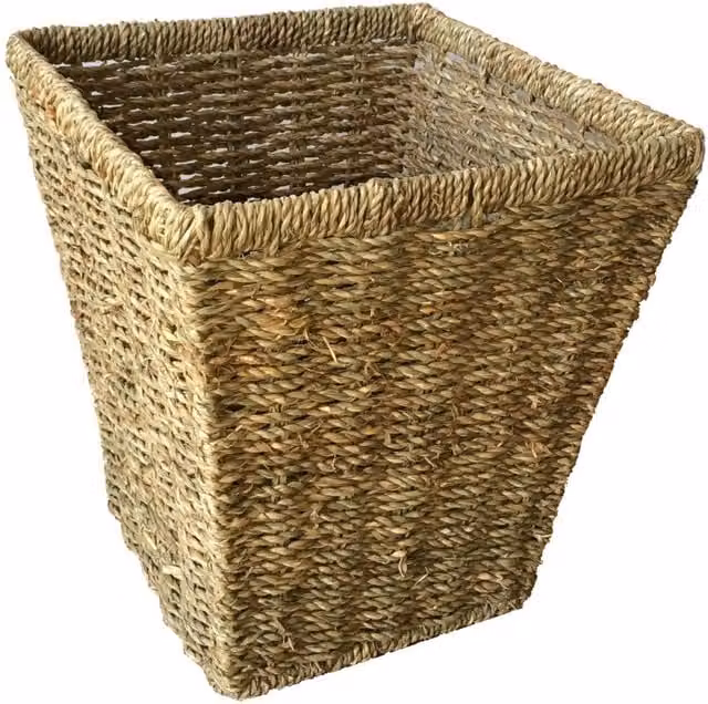 Red Hamper Seagrass Square Open Weave Waste Paper Basket Bin in Brown and Green