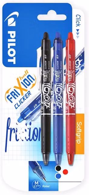 Pilot Frixion Clicker Erasable Rollerball Pens, Pack of 3, Multicolour
