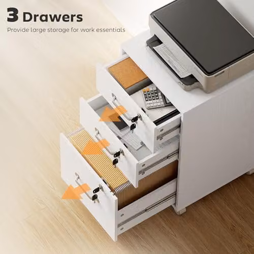 HOMCOM Mobile 3 Drawer Filing Cabinet with Lock and Castors, White – 3