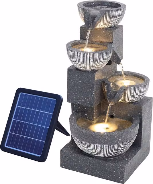 Darphe Solar Powered Cascading Stone Effect Garden Fountain in Grey