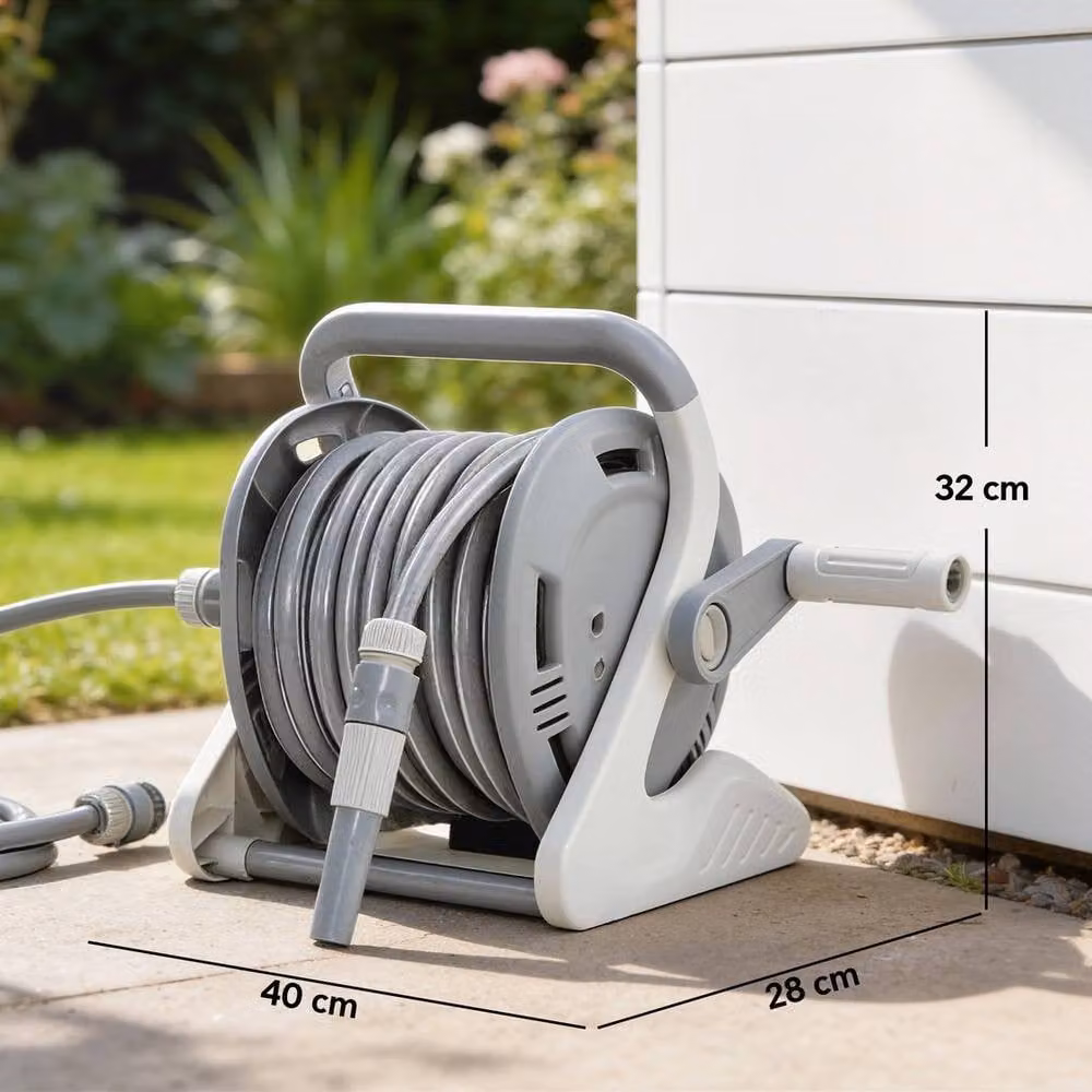 KORVIXA Grey Wall-Mounted Metal Portable Garden Hose Reel with 2-Pattern Spray Nozzle – 2