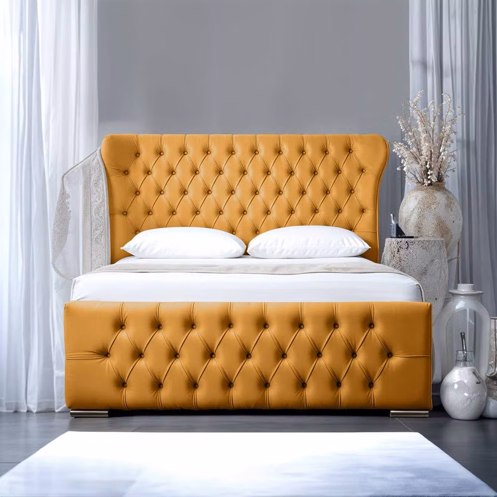 UK Bed Furniture Isabella Upholstered Slatted Base Bed with 48 Inch Wingback Headboard in Yellow, Size: King (W/D/H: 180 x 200 cm) – 2