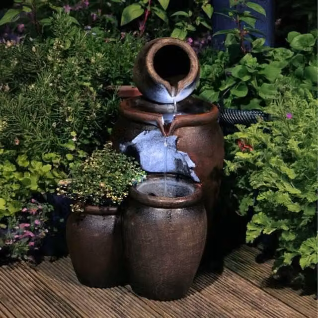 Primrose 3-Tier Honey Pot Earthenware Cascade Water Feature and Planter with Lights, Brown