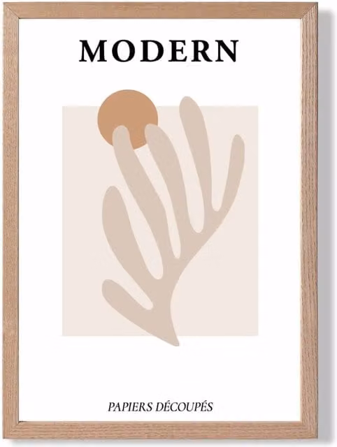 ARTZE Matisse Floral Cutout Mid Century Framed Print in Beige and Orange with Oak Wood Frame, A2