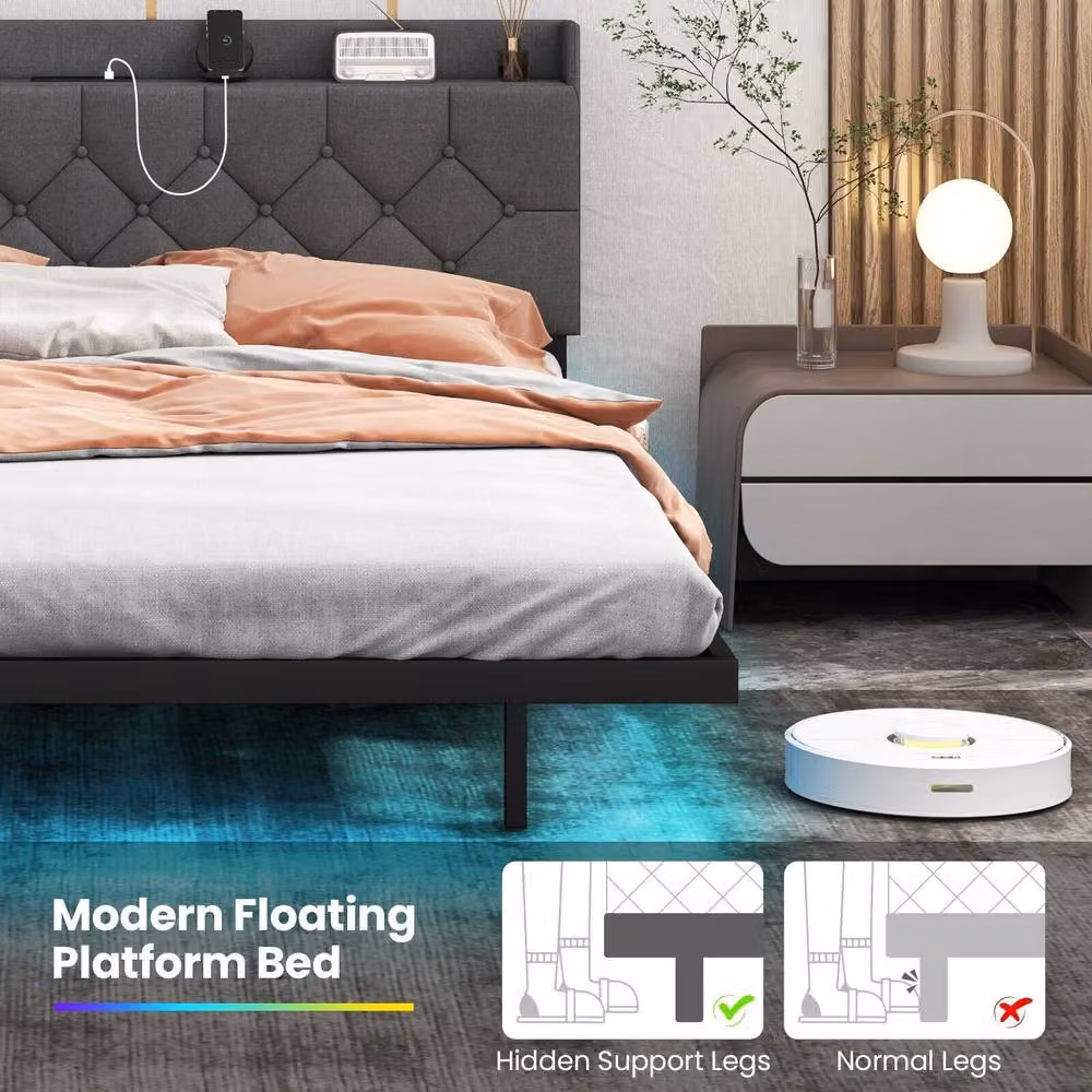 Costway King Size Modern Upholstered Floating Platform Bed Frame in Grey with Under-Bed Lighting and USB Charging Ports, W/D/H: 180 x 200 cm – 4