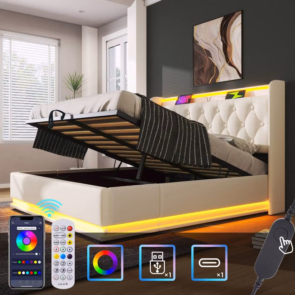 Rolipo White PU Double Ottoman Bed Frame with LED Lighting and USB Charging Ports, W/D/H: 140 x 200 x 137 cm – 7