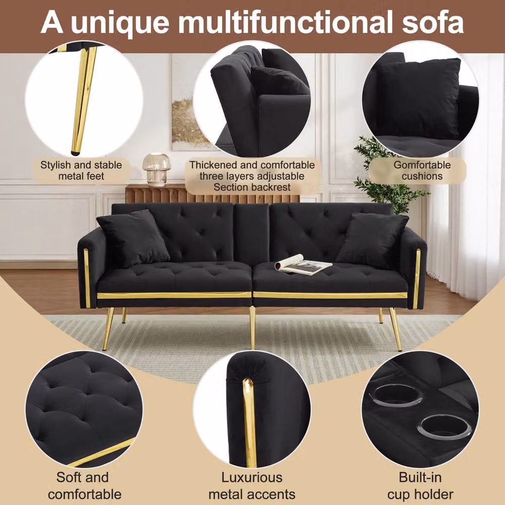 Merax Black Velvet Sofa Bed with Gold Trim and Fold-Down Cup Holders, W/D/H: 174 x 76 x 71.5 cm – 7