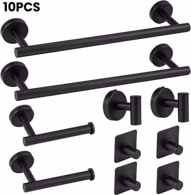 SPETLEK 10-Piece Black Adhesive Bathroom Accessories Set with Wall-Mountable Toilet Roll Holder
