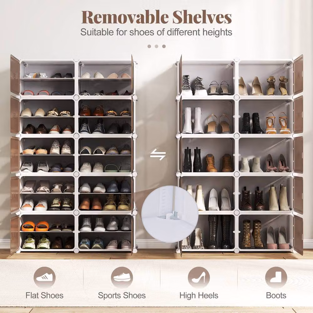 Gymax 10-Tier White Plastic Shoe Cabinet with Hinged Doors and Removable Shelves, Holds 40 Pairs, H 155.0 cm x W 95.0 cm x D 40.0 cm – 3