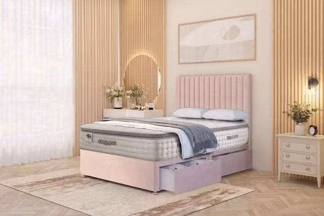 Somnior Eleanor Plush Pink Velvet 2 Drawer Divan Bed Set with Pillowtop and Headboard, W/D/H: 90 x 200 x 33 cm