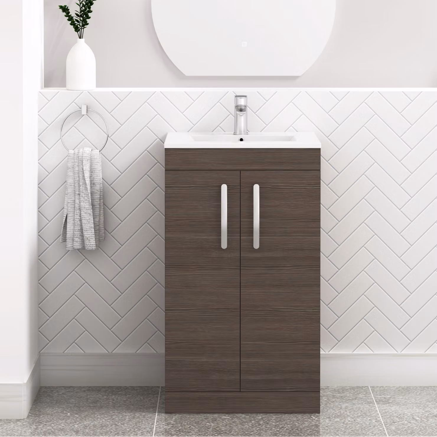 Royal Bathrooms Turin Grey Elm 2 Door Floor Standing Bathroom Vanity Unit with Minimalist Basin