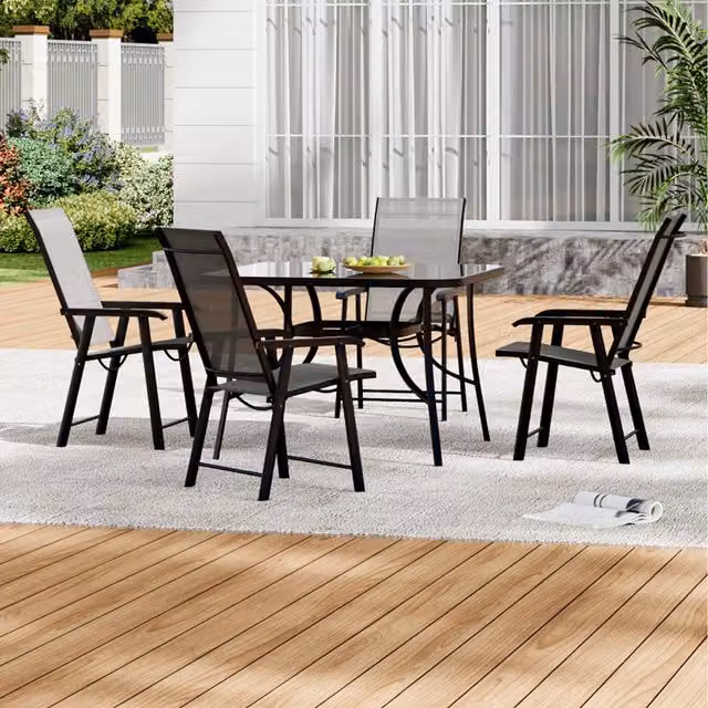 Livingandhome Modern Bistro Set with Black Tempered Glass Table and 4 Black Metal Folding Chairs