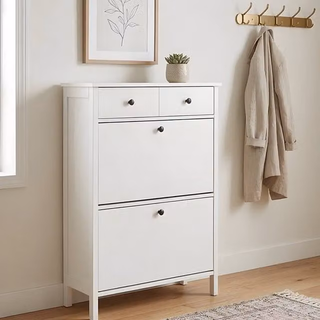 Noa and Nani Kira White Shoe Storage Cabinet - Modern Matt Wooden Shoe Rack with Tilting Compartments and Internal Drawers for Hallway or Bedroom