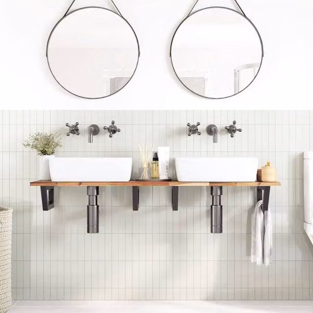 Berkfield Home Elegant Wall Mounted Basin Shelf in Brown Acacia Wood and Black Steel – 1