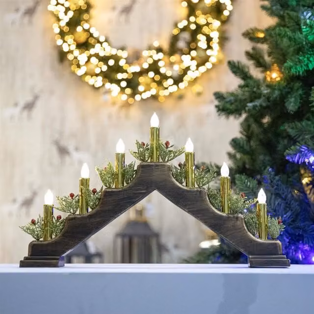 Shatchi Battery Operated Plastic Brass Finish Candle Bridge in Green, H: 30 cm, W: 50 cm, D: 6.5 cm