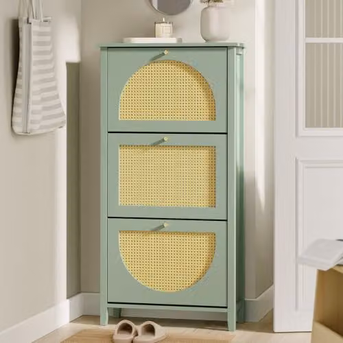 SoBuy Slim Shoe Cabinet with Rattan Doors and Tilting Compartments in Green and Yellow, W/D/H: 62 x 25 x 121.5 cm – 2