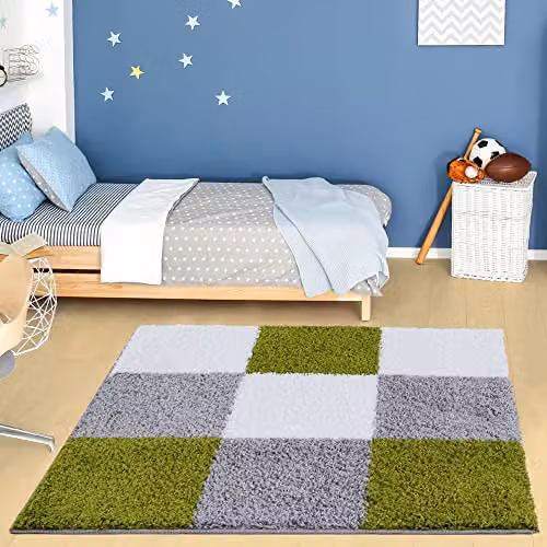 THE RUGS Modern Geometric Shaggy Area Rug, Green and Grey, W/D/H: 120 x 120 x 1 cm