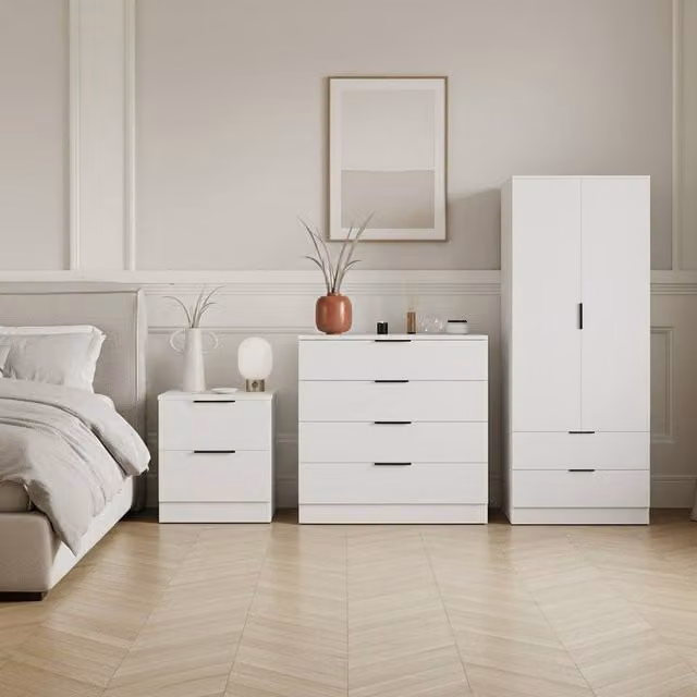 HD Designs Trega 3 Piece White Bedroom Set Including Wardrobe, 4 Drawer Chest and 2 Bedside Tables
