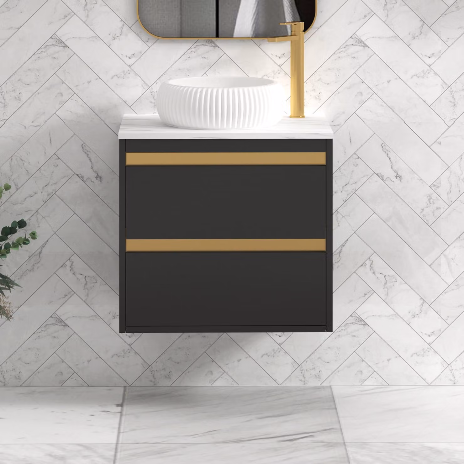 Royal Bathrooms Orion 800mm Matt Obsidian Black Wall Hung Vanity Unit with Milan Basin and Brushed Brass Accent Trim