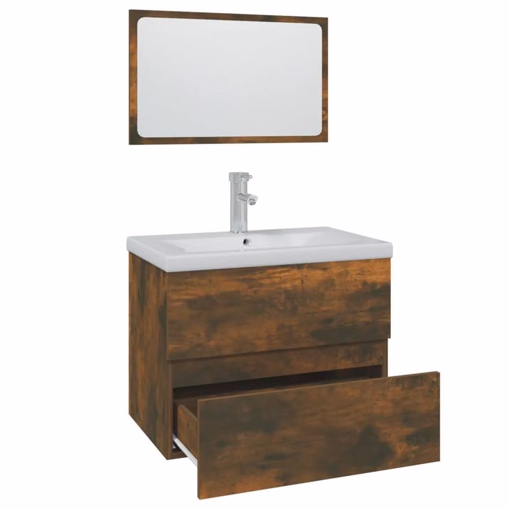 Berkfield Home Modern Bathroom Furniture Set in Smoked Oak Brown featuring Wall Mounted Vanity Unit and Mirror Cabinet – 3