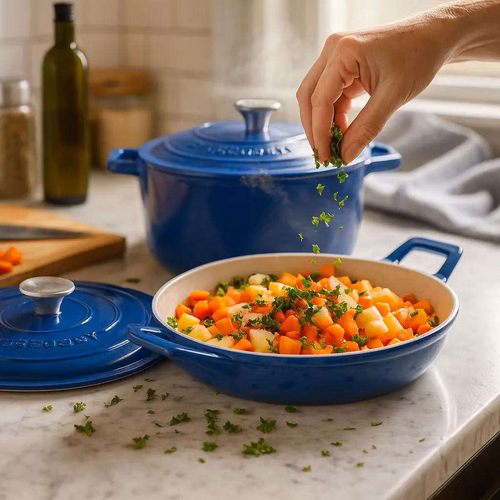 Argon Tableware 2pc Enamelled Cast Iron Casserole Dish Set with Self-Basting Lids, Blue, 2.3 l & 4.68 l – 2