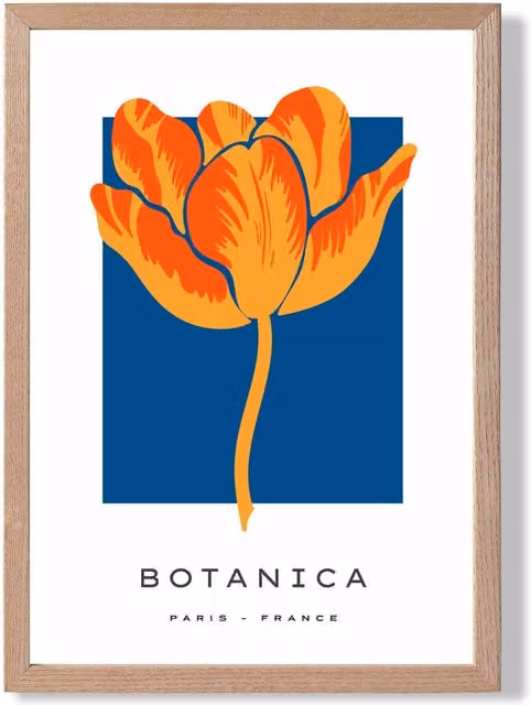 ARTZE Orange and Blue Tulip Flower Market Exhibition Framed Print with Oak Frame – 1