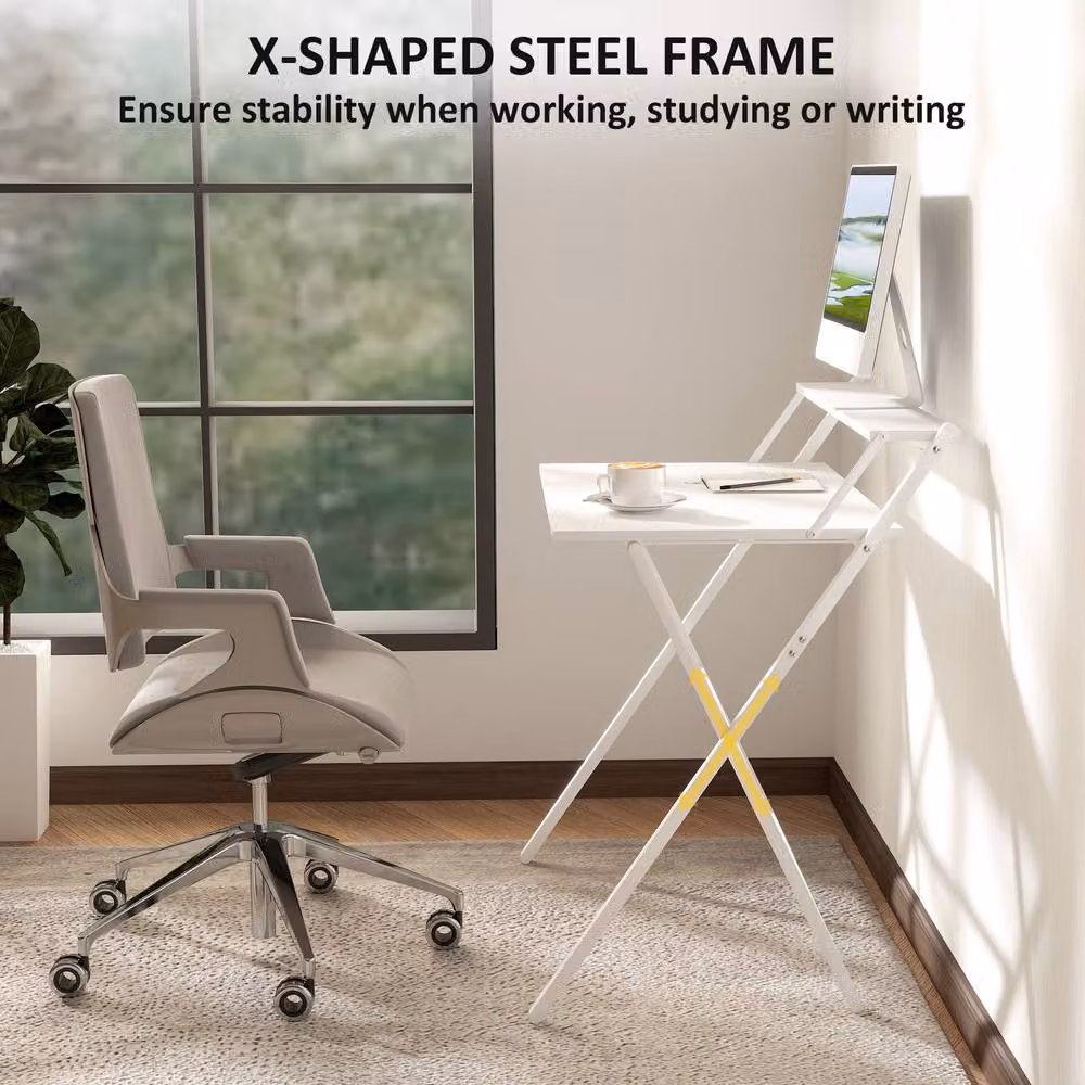 Rolipo White Folding Computer Desk with Monitor Shelf – 5