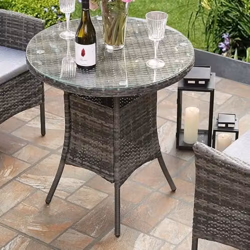 RayGar 3-Piece Grey Polyrattan Bistro Set with Round Glass Top Coffee Table and 2 Chairs for Garden and Terrace – 3